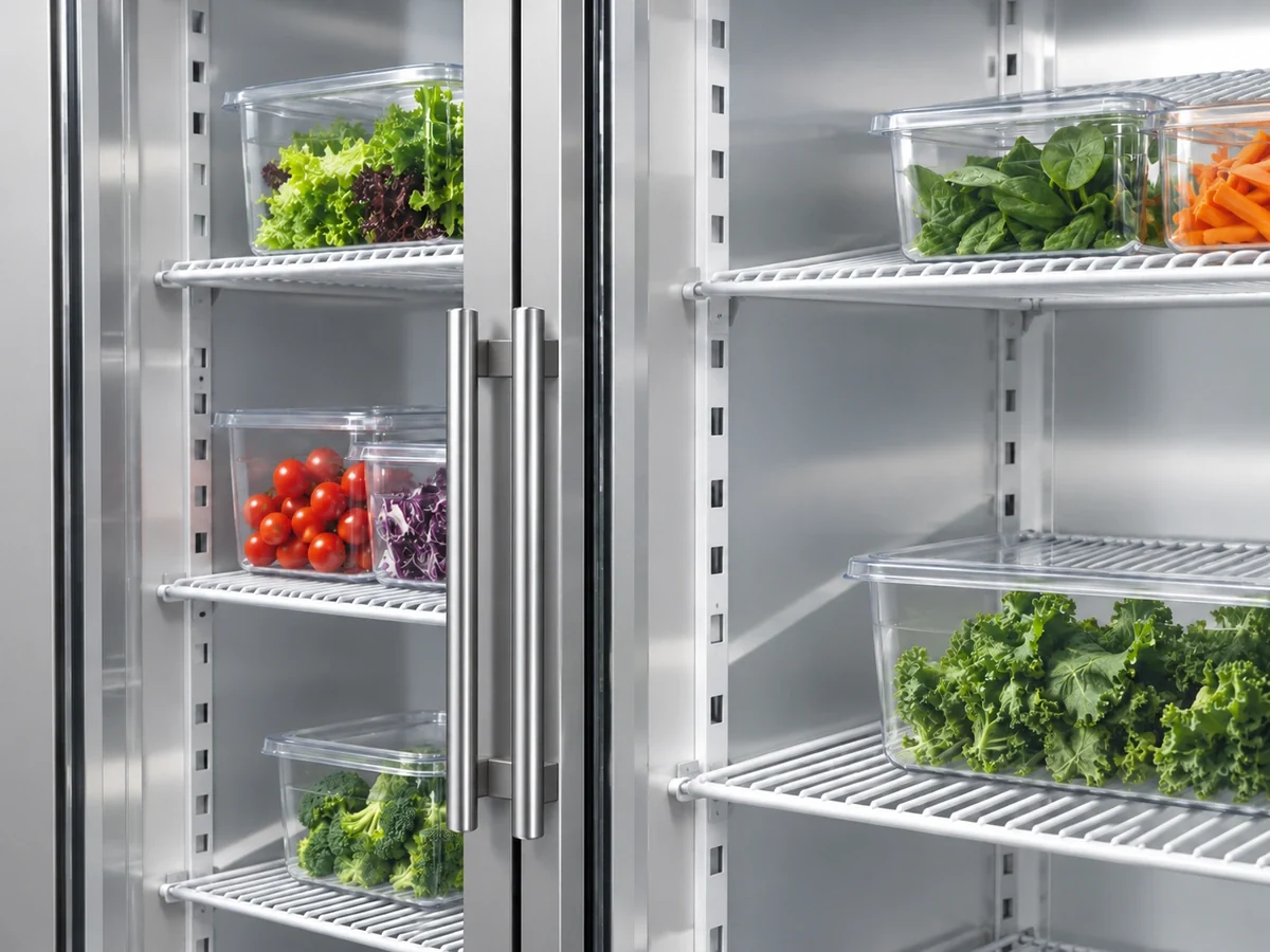 Wire shelves and adjustable shelf supports inside a Xiltek reach-in refrigerator